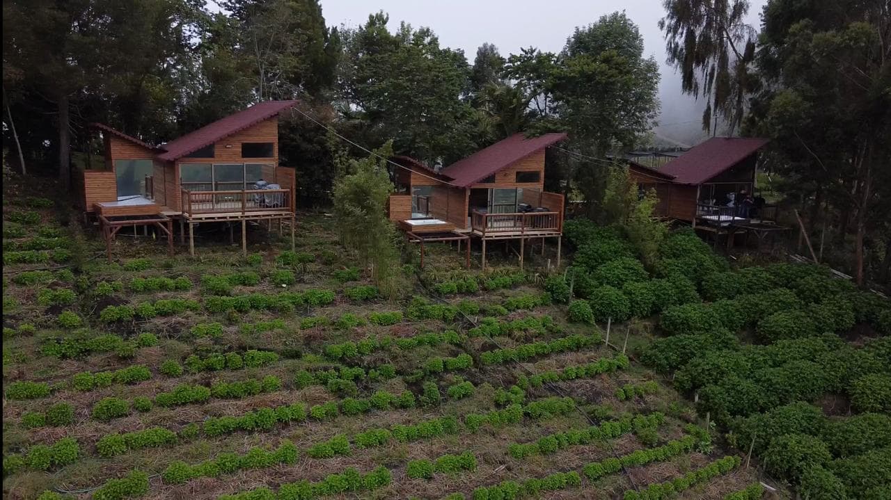 Vista aérea drone — tres cabañas en la ladera